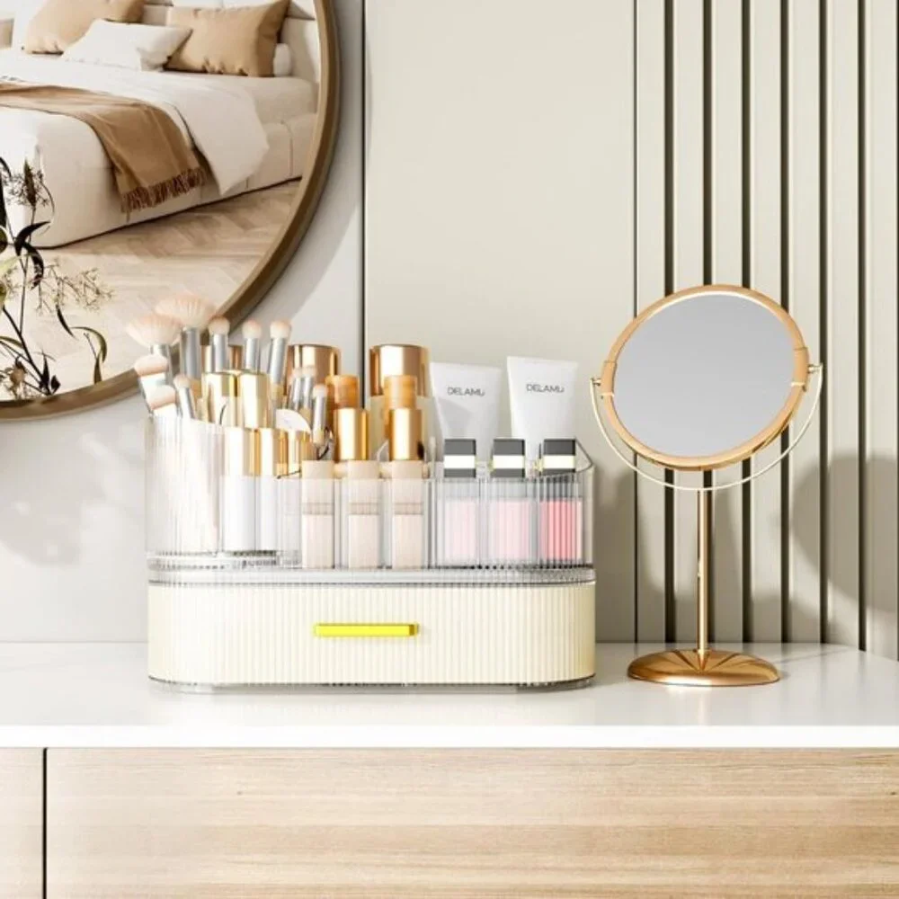 Makeup Organizer with Stackable Drawers, 360° Rotating Vanity Storage - White